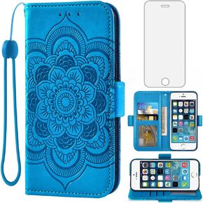 Compatible with iPhone 5S 5 SE 2016 5SE Wallet Case and Tempered Glass Screen Protector Flip Card Holder Purse Cell Phone Cover for iPhone5 iPhone5s iPhoneSE iPhone6se i 6SE iPhone5se Women Men Purple