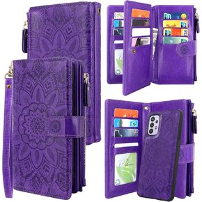 Harryshell Detachable Magnetic Zipper Wallet Leather Case with Cash Coin Pocket 12 Card Slots Holder Wrist Strap Lanyard for Samsung Galaxy A32 5G (2021) (Flower Teal)