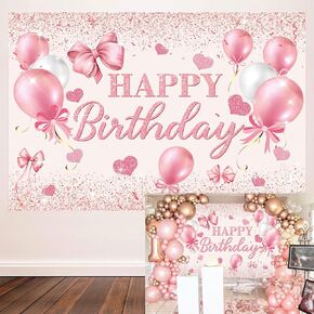 7x5FT Coquette Birthday Backdrop Pink Bow Happy Birthday Photography Background Girl Coquette Party Decorations Photo Booth Props