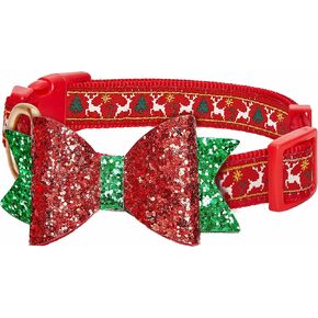 Blueberry Pet Christmas Reindeer Designer Adjustable Dog Collar with Bowtie Décor, Large, Neck 18"-26"