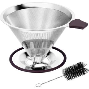 Pour Over Coffee Dripper, Paperless Pour Over Coffee filter, Stainless Steel Reusable Coffee Filters with Double Layer Mesh, Coffee Strainer Cup Stand & Cleaning Brush