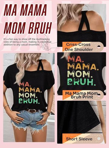 تي شيرت Mama للنساء - هدية مضحكة Ma Mama Mom Bruh جرافيك مقاس كبير تي شيرت متقاطع بكتف واحد in Kuwait
