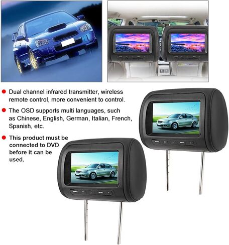 شاشة LCD لمسند الرأس مقاس 7 بوصات، قطعتان، تحكم، قابلة للتعديل، شاشة فيديو، أسود in Saudi Arabia