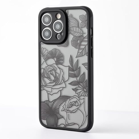 Flower Case Compatible with iPhone 14 Pro Max Case, Aesthetic Black Line Art Floral Rose Pattern Print, Slim Fit PC and TPU Full Protection Shockproof Cases Cover Skin for Girls Women in Kuwait