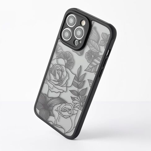 Flower Case Compatible with iPhone 14 Pro Max Case, Aesthetic Black Line Art Floral Rose Pattern Print, Slim Fit PC and TPU Full Protection Shockproof Cases Cover Skin for Girls Women in Kuwait