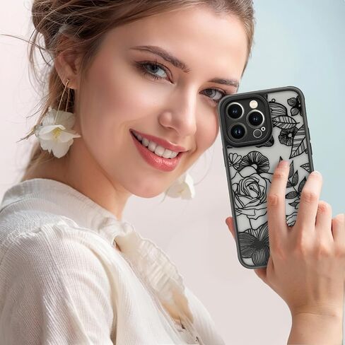 Flower Case Compatible with iPhone 14 Pro Max Case, Aesthetic Black Line Art Floral Rose Pattern Print, Slim Fit PC and TPU Full Protection Shockproof Cases Cover Skin for Girls Women in Kuwait