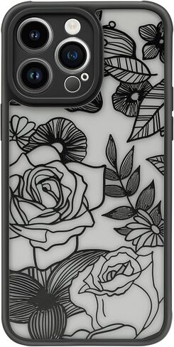 Flower Case Compatible with iPhone 14 Pro Max Case, Aesthetic Black Line Art Floral Rose Pattern Print, Slim Fit PC and TPU Full Protection Shockproof Cases Cover Skin for Girls Women in Kuwait