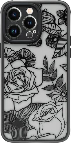 Flower Case Compatible with iPhone 14 Pro Max Case, Aesthetic Black Line Art Floral Rose Pattern Print, Slim Fit PC and TPU Full Protection Shockproof Cases Cover Skin for Girls Women in Kuwait