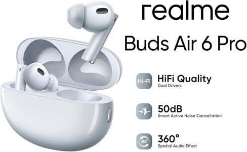 realme True Wireless Buds Air 6 Pro, 11mm Dynamic Drivers and 6mm Tweeter, 40 Hrs Play Time, 50 dB ANC, LHDC, 55ms Low Latency, 3D Spatial Sound, IP55 Water Resistant, Bluetooth 5.3, Silver in Kuwait