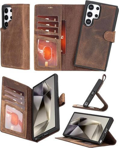 Bayelon Wallet Case Compatible with Galaxy S25 Ultra, Genuine Leather Flip Case, Leather Case with Card Holder, RFID Blocking Magnetic Phone Wallet Case (Vintage Brown) in Kuwait