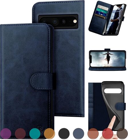 for Google Pixel 7 Pro Genuine Leather Wallet case 【RFID Blocking】【4 Credit Card Holder】【Real Leather】 Flip Folio Book Phone case Protective Cover Women Men for Pixel 7Pro case Dark Blue in Saudi Arabia