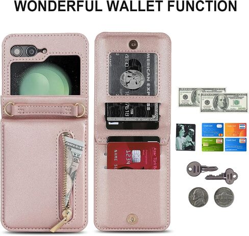 حافظة هاتف فاخرة بسحاب لهاتف Samsung Galaxy Z Flip 5، حامل بطاقات بمسند متعدد الوظائف وحزام كروس قابل للتعديل، حافظة قلابة أنيقة. (ذهبي وردي) in Saudi Arabia