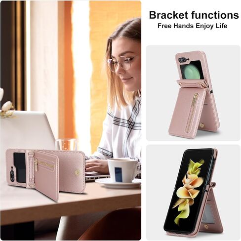 حافظة هاتف فاخرة بسحاب لهاتف Samsung Galaxy Z Flip 5، حامل بطاقات بمسند متعدد الوظائف وحزام كروس قابل للتعديل، حافظة قلابة أنيقة. (ذهبي وردي) in Saudi Arabia
