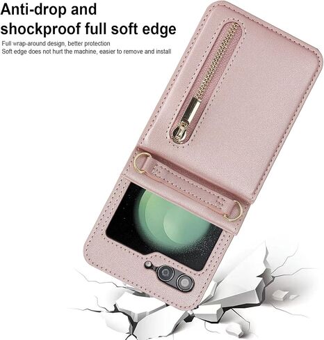 حافظة هاتف فاخرة بسحاب لهاتف Samsung Galaxy Z Flip 5، حامل بطاقات بمسند متعدد الوظائف وحزام كروس قابل للتعديل، حافظة قلابة أنيقة. (ذهبي وردي) in Saudi Arabia