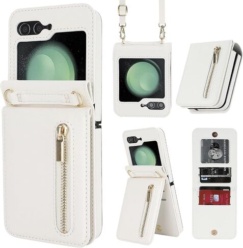 حافظة هاتف فاخرة بسحاب لهاتف Samsung Galaxy Z Flip 5، حامل بطاقات بمسند متعدد الوظائف وحزام كروس قابل للتعديل، حافظة قلابة أنيقة. (ذهبي وردي) in Saudi Arabia