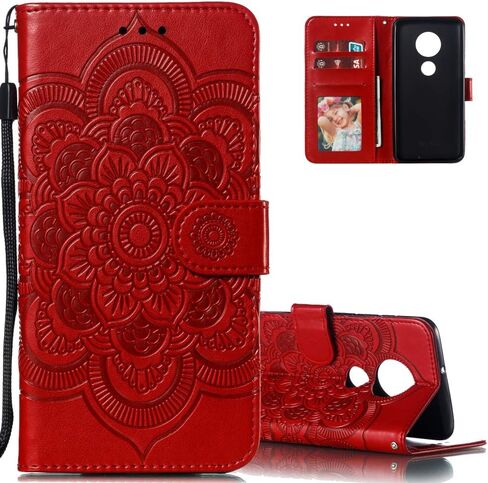LEECOCO Moto G7 Power Case Mandala Embossing Luxury PU Leather Flip Notebook Wallet Bookstyle Magnetic Stand Card Slot Folio Bumper Protection Cover for Motorola Moto G7 Power Mandala Red LD in Kuwait