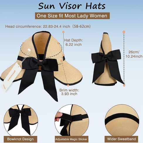 Straw Sun Visor Hats for Women, Ponytail Summer Beach Hat Roll Up Packable Floppy Wide Brim with UPF 50+ for Travel in Saudi Arabia