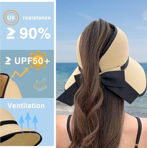 Straw Sun Visor Hats for Women, Ponytail Summer Beach Hat Roll Up Packable Floppy Wide Brim with UPF 50+ for Travel in Saudi Arabia