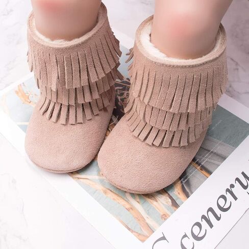 HONGTEYA Real Leather Fringe Baby Booties for Girls Boys Winter Warm Snow Boots with Tassels Hard Sole Fur Lined Toddler Moccasins Shoes in Kuwait