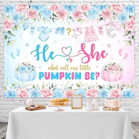 Mocsicka Pumpkin Gender Reveal Backdrop Fall Pumpkin Blue or Pink Gender Reveal Background Floral He or She Gender Reveal Party Decorations Photo Booth Props (7x5ft) in Saudi Arabia