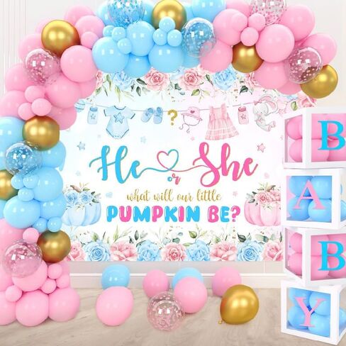 Mocsicka Pumpkin Gender Reveal Backdrop Fall Pumpkin Blue or Pink Gender Reveal Background Floral He or She Gender Reveal Party Decorations Photo Booth Props (7x5ft) in Saudi Arabia