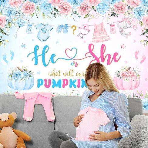 Mocsicka Pumpkin Gender Reveal Backdrop Fall Pumpkin Blue or Pink Gender Reveal Background Floral He or She Gender Reveal Party Decorations Photo Booth Props (7x5ft) in Saudi Arabia