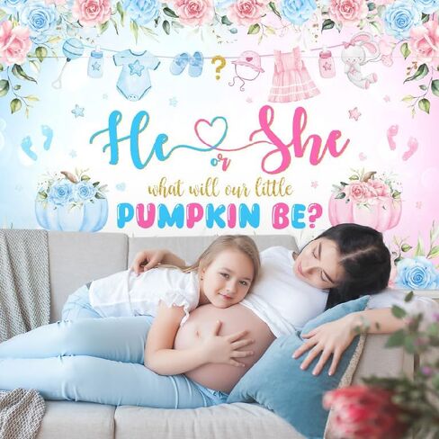 Mocsicka Pumpkin Gender Reveal Backdrop Fall Pumpkin Blue or Pink Gender Reveal Background Floral He or She Gender Reveal Party Decorations Photo Booth Props (7x5ft) in Saudi Arabia