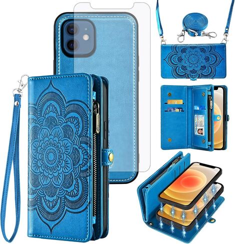حافظة هاتف Asuwish لهاتف iPhone 12 Mini 5.4 بسحاب وغطاء خلوي قابل للفصل مع واقي شاشة من الزجاج المقسى وحزام فتحة حامل بطاقة زهرة iPhone12mini 5G i 12s iPhone12 12mini للنساء والفتيات باللون الأزرق in Saudi Arabia