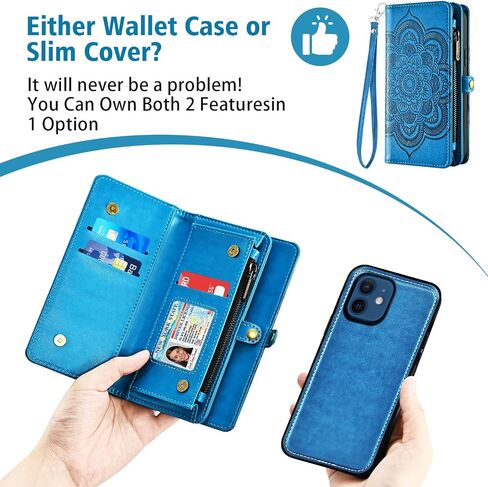حافظة هاتف Asuwish لهاتف iPhone 12 Mini 5.4 بسحاب وغطاء خلوي قابل للفصل مع واقي شاشة من الزجاج المقسى وحزام فتحة حامل بطاقة زهرة iPhone12mini 5G i 12s iPhone12 12mini للنساء والفتيات باللون الأزرق in Saudi Arabia