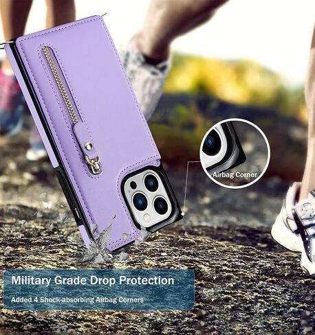 حافظة محفظة لهاتف iPhone 15 Pro Max، حافظة iPhone 15 Pro Max مع حامل بطاقة وحزام معصم وحبل، حافظة RFID متينة وقوية مقاومة للصدمات من جلد البولي يوريثان - 6.7 بوصة (بنفسجي أرجواني) in Saudi Arabia