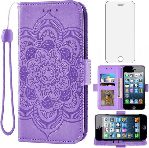 Compatible with iPhone 5S 5 SE 2016 5SE Wallet Case and Tempered Glass Screen Protector Flip Card Holder Purse Cell Phone Cover for iPhone5 iPhone5s iPhoneSE iPhone6se i 6SE iPhone5se Women Men Purple in Saudi Arabia