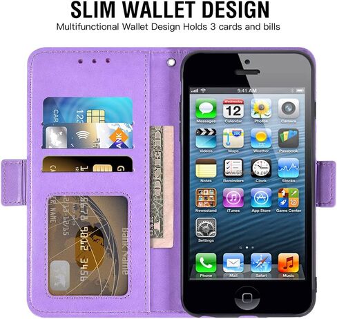 Compatible with iPhone 5S 5 SE 2016 5SE Wallet Case and Tempered Glass Screen Protector Flip Card Holder Purse Cell Phone Cover for iPhone5 iPhone5s iPhoneSE iPhone6se i 6SE iPhone5se Women Men Purple in Saudi Arabia