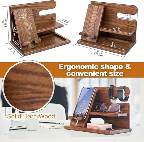 TESLYAR Wood Phone Docking Station Ash Key Holder Wallet Stand Watch Organizer Men Gift Husband Wife Anniversary Dad Birthday Nightstand Purse Father Graduation Male Travel Idea Gadgets (Black) in Kuwait