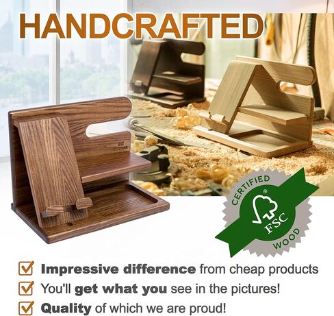 TESLYAR Wood Phone Docking Station Ash Key Holder Wallet Stand Watch Organizer Men Gift Husband Wife Anniversary Dad Birthday Nightstand Purse Father Graduation Male Travel Idea Gadgets (Black) in Kuwait