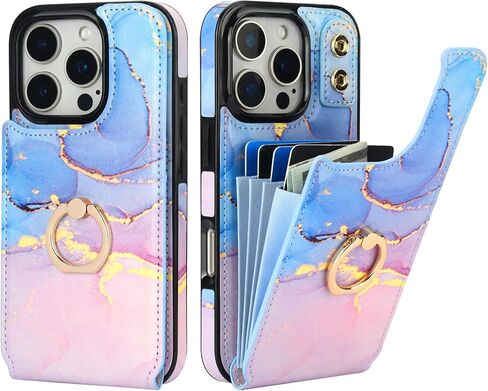 HAOPINSH for iPhone 16 Pro Wallet Case with Card Holder, 360°Rotation Ring Kickstand, Pink Blue Marble Pattern, RFID Blocking Leather for Girls Women, Double Buttons Protective Cover 6.3" in Kuwait