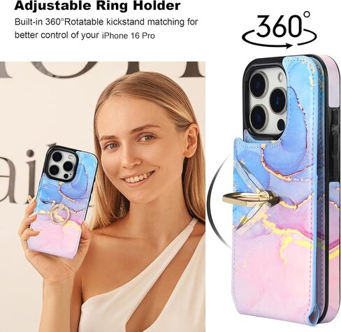 HAOPINSH for iPhone 16 Pro Wallet Case with Card Holder, 360°Rotation Ring Kickstand, Pink Blue Marble Pattern, RFID Blocking Leather for Girls Women, Double Buttons Protective Cover 6.3" in Kuwait