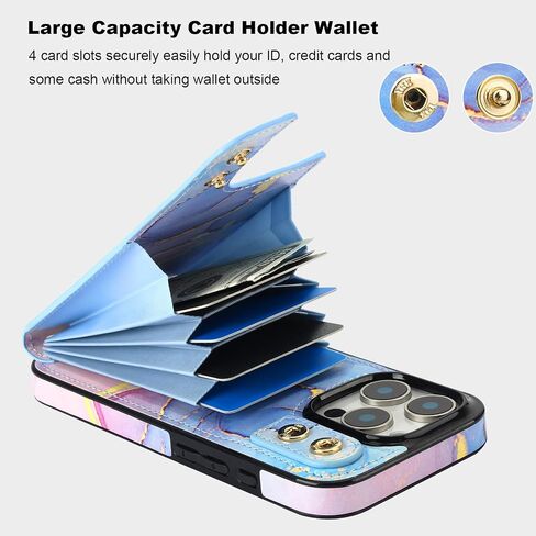 HAOPINSH for iPhone 16 Pro Wallet Case with Card Holder, 360°Rotation Ring Kickstand, Pink Blue Marble Pattern, RFID Blocking Leather for Girls Women, Double Buttons Protective Cover 6.3" in Kuwait