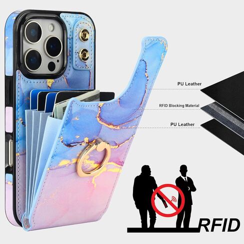 HAOPINSH for iPhone 16 Pro Wallet Case with Card Holder, 360°Rotation Ring Kickstand, Pink Blue Marble Pattern, RFID Blocking Leather for Girls Women, Double Buttons Protective Cover 6.3" in Kuwait