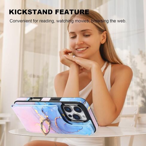 HAOPINSH for iPhone 16 Pro Wallet Case with Card Holder, 360°Rotation Ring Kickstand, Pink Blue Marble Pattern, RFID Blocking Leather for Girls Women, Double Buttons Protective Cover 6.3" in Kuwait
