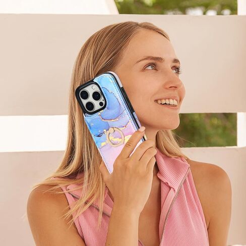 HAOPINSH for iPhone 16 Pro Wallet Case with Card Holder, 360°Rotation Ring Kickstand, Pink Blue Marble Pattern, RFID Blocking Leather for Girls Women, Double Buttons Protective Cover 6.3" in Kuwait