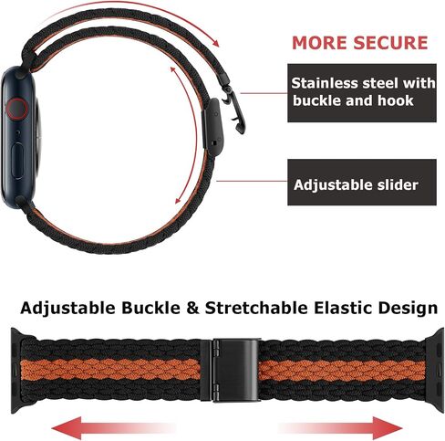 Anlinser Braided Solo Loop Compatible with Apple Watch Band 41mm 40mm 38mm, Elastic Nylon Sport Strap with Adjustable Buckle Designed for Apple Watch SE Series 9 8 7 6 5 4 3, Black/Orange in Kuwait