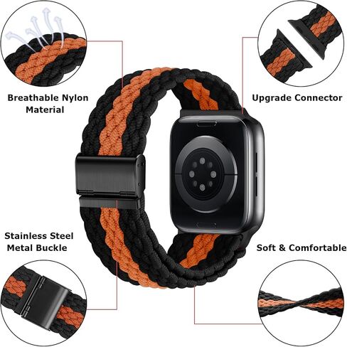 Anlinser Braided Solo Loop Compatible with Apple Watch Band 41mm 40mm 38mm, Elastic Nylon Sport Strap with Adjustable Buckle Designed for Apple Watch SE Series 9 8 7 6 5 4 3, Black/Orange in Kuwait
