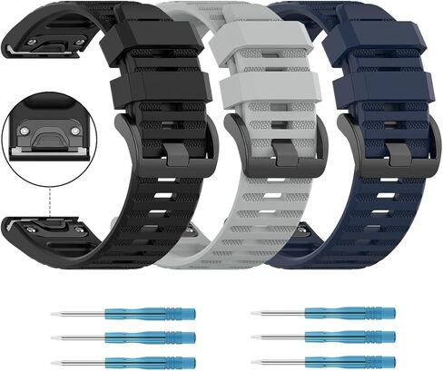T Tersely (3 عبوات) لسوار Garmin Fenix ​​5X/6X/7X سهل التركيب بعرض 26 مم من السيليكون الناعم بديل لـ Garmin Fenix ​​7X/Fenix ​​5X Plus/Fenix ​​3/Fenix ​​3HR /Tactix7/Enduro2 - أسود + رمادي + أزرق in Kuwait