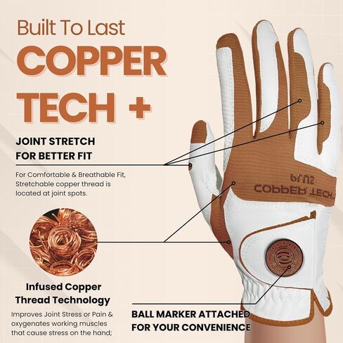Copper Tech Men's Golf Gloves - Optimal Wrist Support with Copper Infused Thread - 100% AAA Synthetic Tacky Leather - Perfect for Summer & Fall Golfing - Golf Gloves Men (Hand Orientation: Both Hand) in Kuwait