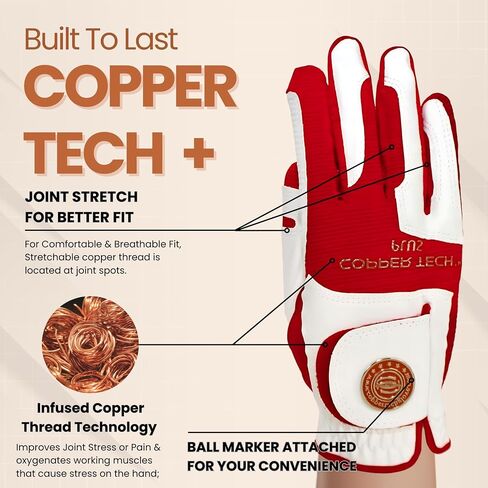 Copper Tech Men's Golf Gloves - Optimal Wrist Support with Copper Infused Thread - 100% AAA Synthetic Tacky Leather - Perfect for Summer & Fall Golfing - Golf Gloves Men (Hand Orientation: Both Hand) in Kuwait