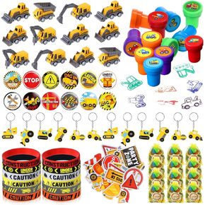 Capoda Construction Party Favors Construction Theme Birthday Party Supplies Mini Truck Vehicles Toy Rubber Bracelet Keychain Stamper Button Pin Truck Stickers Bags for Birthday Gift(12 Sets)