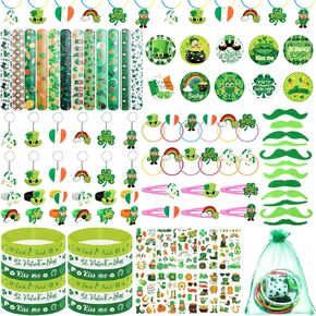 Capoda 132 Pcs St. Patrick's Day Party Favors St Patricks Day Gifts Classroom Prizes with Shamrock Keychains Stickers Hairpins Badges Mustache Wristband Rings Necklaces Slap Bracelet for Irish Party