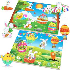 2Pack Easter Wooden Peg Puzzles, Educational Learning Puzzles Easter Toys Gifts Party Favors for Kids | Easter Basket Stuffers for Toddlers | Easter Basket Non Candy Goodies Fillers