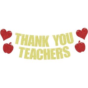 Thank You Teachers Banner, Thank You for Helping Us Grow, We Love Our Teachers, Thankful Teacher, Glittery Teacher Appreciate Party Decorations Supplies (Red, Gold)
