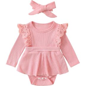 Baby Girl Ribbed Romper Dress Solid Ruffle Hem Skirt Bodysuit Long Sleeve Playsuit Newborn Lace Jumpsuit Headbands